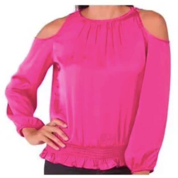 1. State 'NEW" Pink Coquette Romantic Smocked Satin Cold Shoulder Blouse Size XS - Picture 1 of 15
